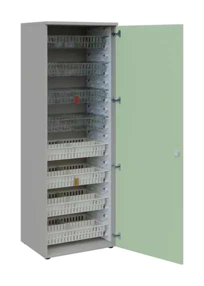 EUROMEDICA D - 66/M skříň léková boxová, 1-dveřová, pravá, 1950x660x535, korpus šedý, dvířka šedo-zelinkavá